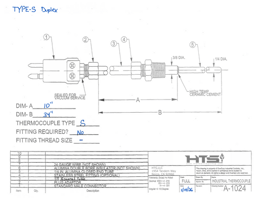 Dual Type S Thermocouple Probe 1/4" Diameter Alumina Thermocouple x 34" Long - The Heat Treat Shop