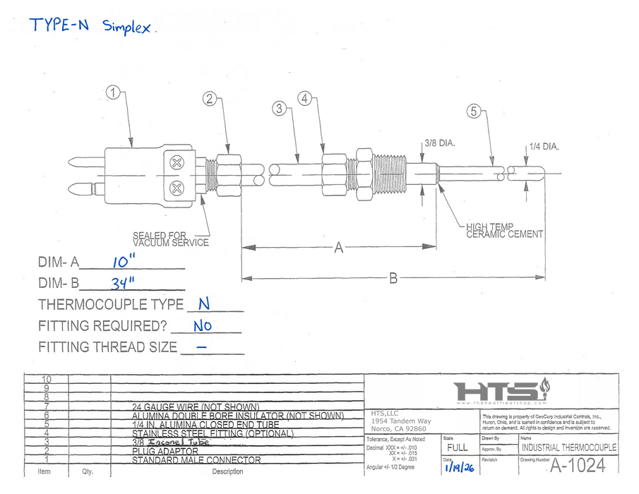 Type N Thermocouple Probe 1/4" Diameter Alumina sheath x 34" Long - The Heat Treat Shop